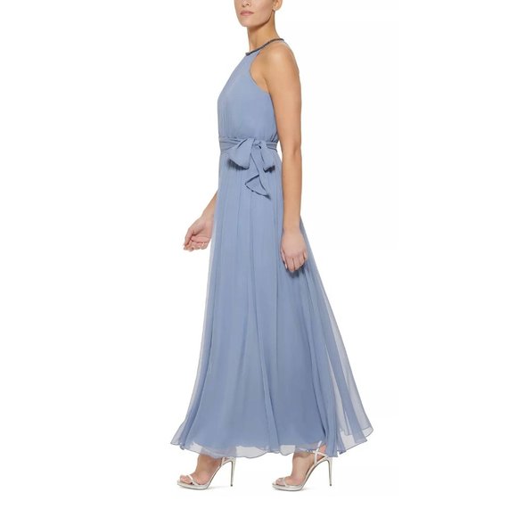 DKNY Women’s Embellished Beaded Halter Neckline Belted Formal Dress Blue 16 - Picture 3 of 3